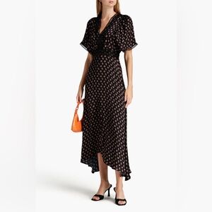 NWT $595 Maje Lace-trimmed Logo-print Silk Midi Dress In Black